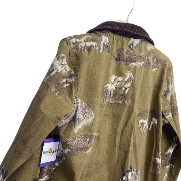 Bit & Bridle Womens L Chore Barn Jacket Brown Horse AOP Corduroy Trim Equestrian - Picture 12 of 16